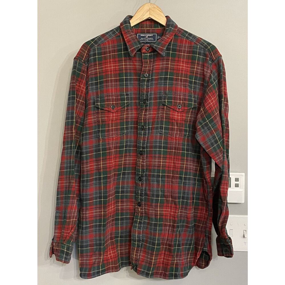 Ralph Lauren Polo Sport Shirt Heavyweight‎ Flannel Plaid Button Up Camp Mens L